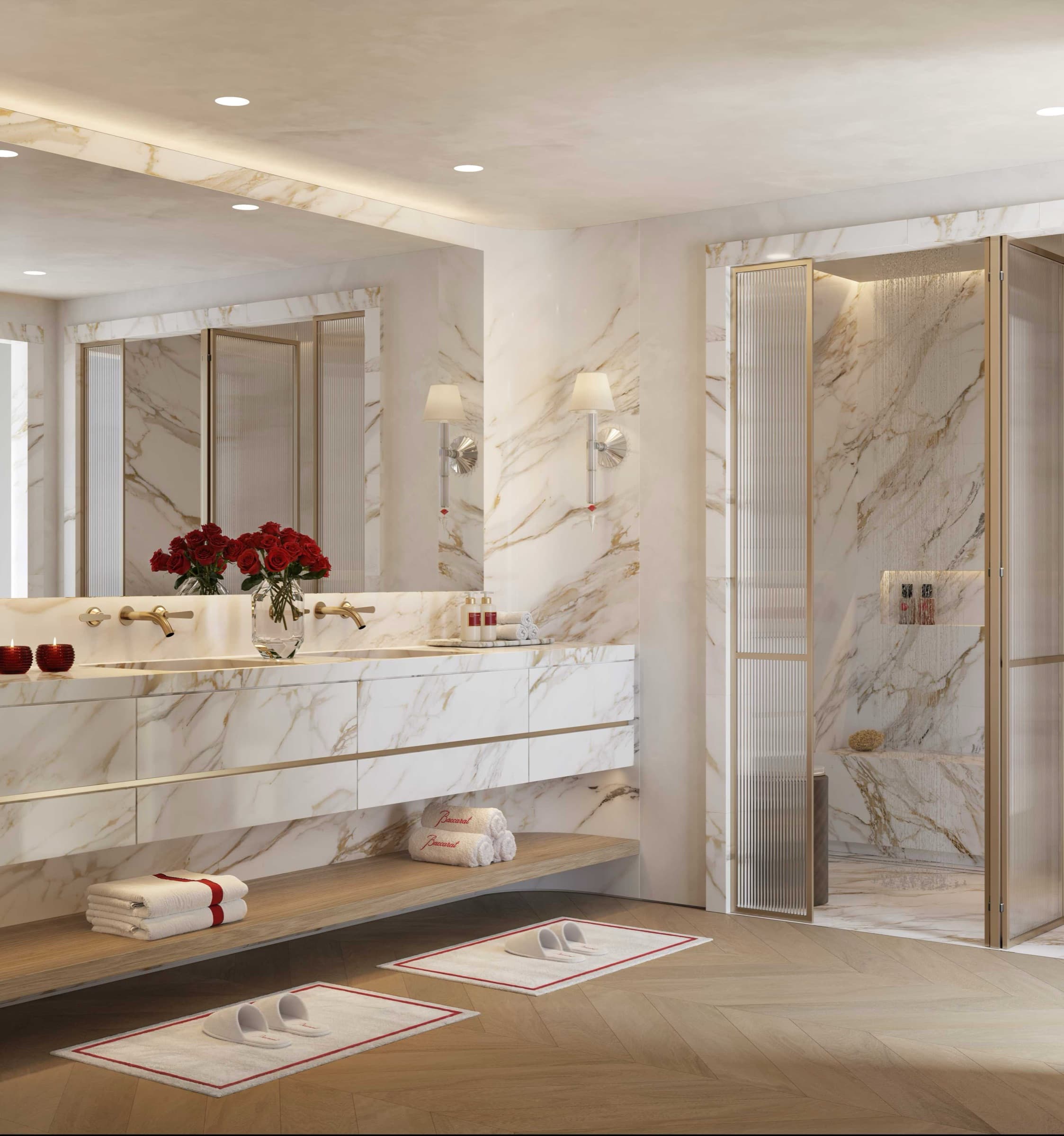Residence bathroom in light marble, Baccarat Residences