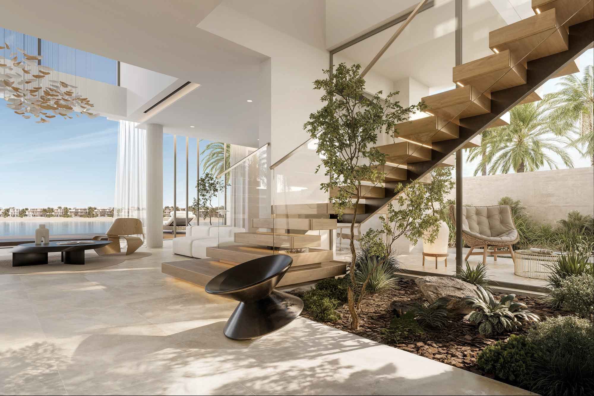 Palm Jebel Ali villa — double-height living with sea view